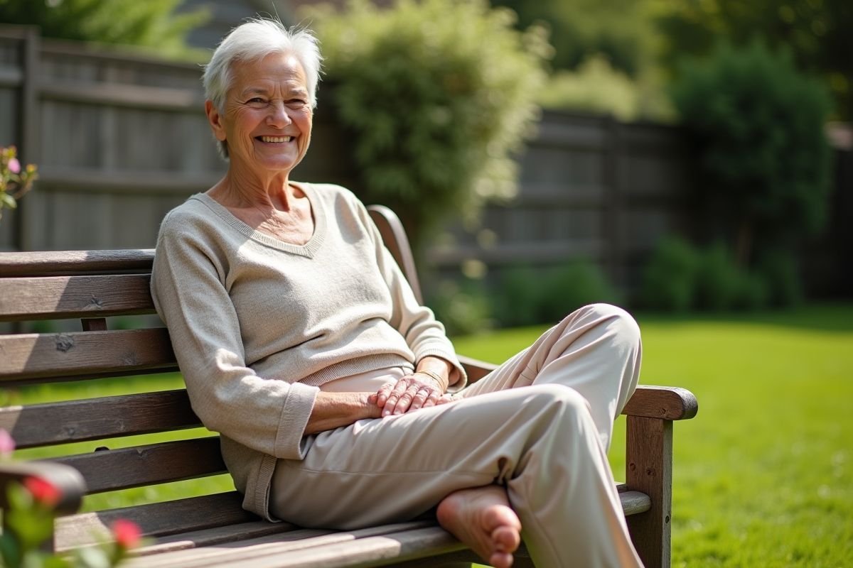 Femme senior détendue assise dans un jardin ensoleillé