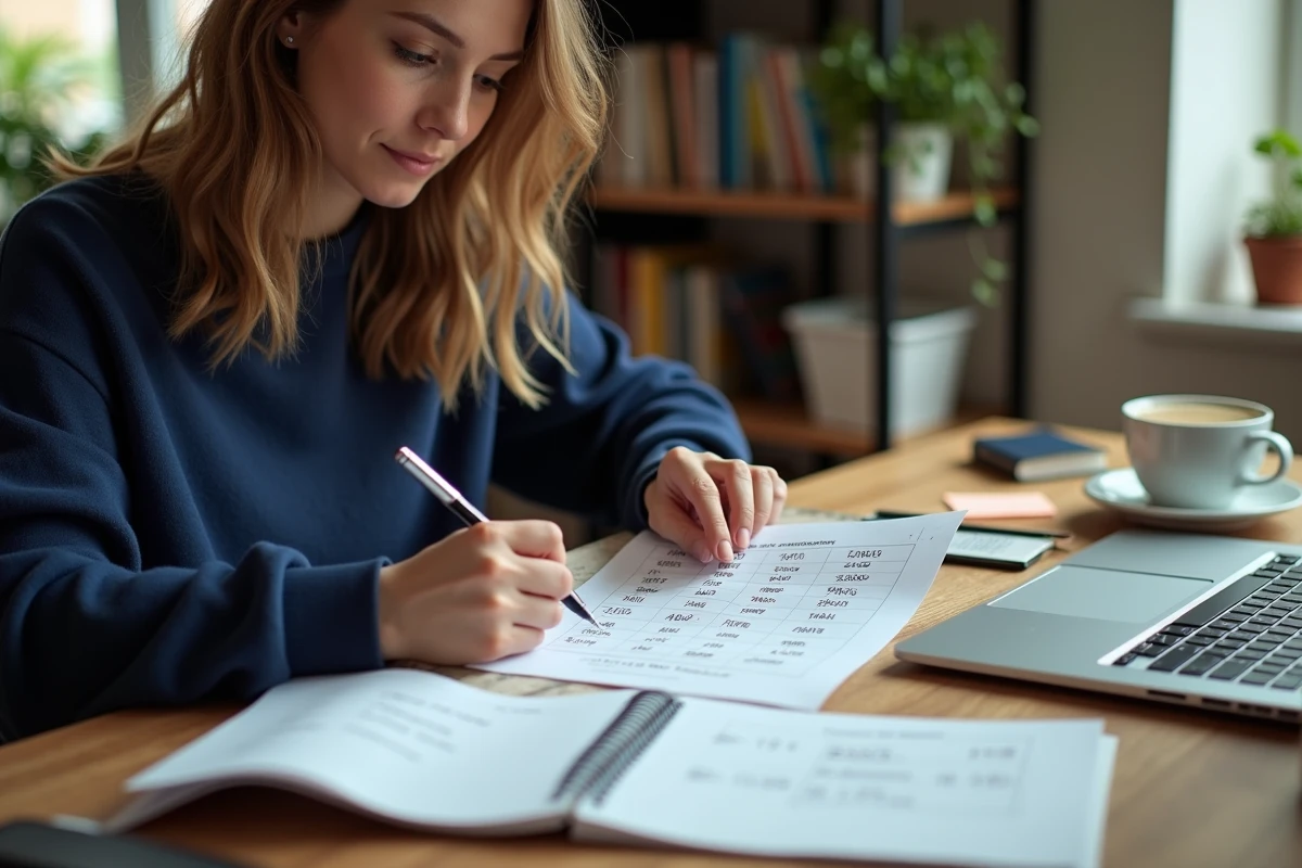 Femme consultant un tableau de conversion miles par heure en kilomètres par heure à son bureau