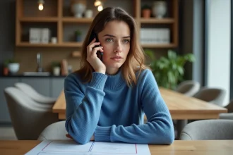 Femme au téléphone dans un appartement moderne et cosy