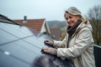 Femme examinant des panneaux solaires sur une terrasse urbaine