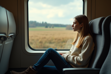 Jeune femme contemplant le paysage depuis un train