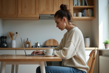 Femme concentrée travaillant à distance dans sa cuisine lumineuse