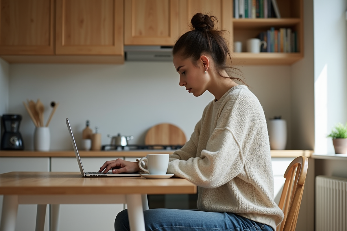 Femme concentrée travaillant à distance dans sa cuisine lumineuse