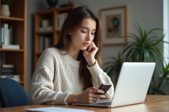 Jeune femme au bureau à domicile avec smartphone et ordinateur