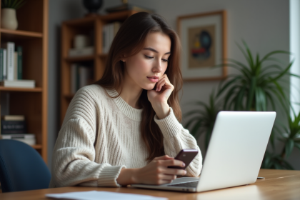 Jeune femme au bureau à domicile avec smartphone et ordinateur