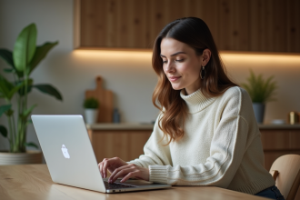 Jeune femme travaillant sur son ordinateur dans une cuisine moderne