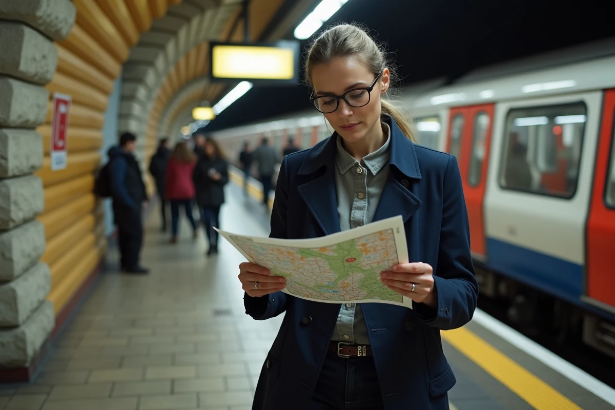 Femme en trench regardant plan metro ligne 4