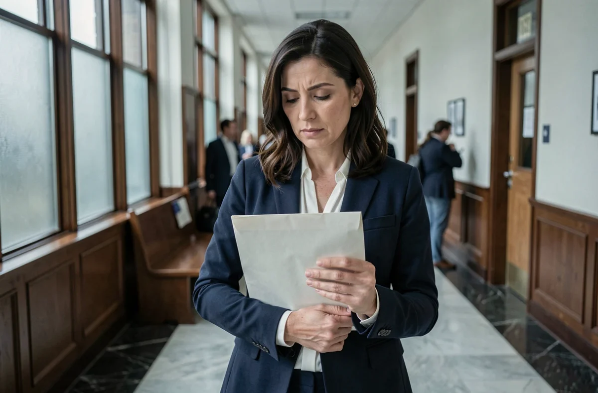Femme tenant une enveloppe juridique dans un couloir de tribunal, symbolisant les démarches légales pour se protéger après une mesure d'éloignement