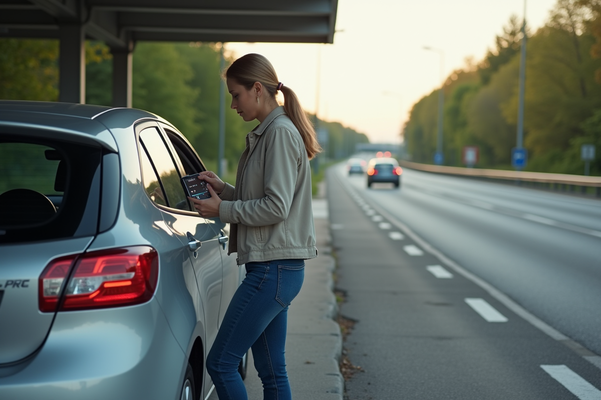 Femme vérifiant la consommation de sa voiture à côté