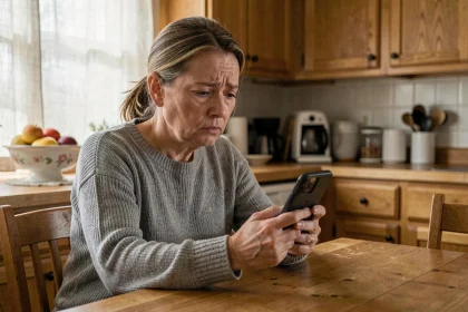 Femme inquiète vérifiant un numéro de téléphone inconnu sur son smartphone via un annuaire inversé gratuit pour se protéger des arnaques