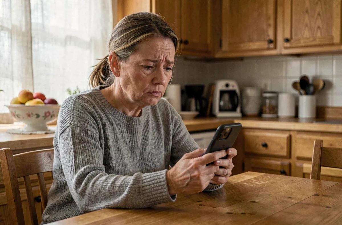 Femme inquiète vérifiant un numéro de téléphone inconnu sur son smartphone via un annuaire inversé gratuit pour se protéger des arnaques