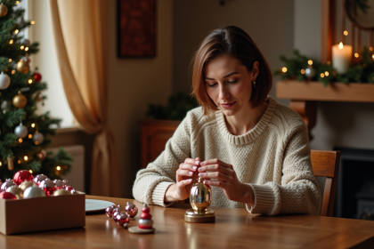 Femme polissant une boule de Noël vintage chaleureusement