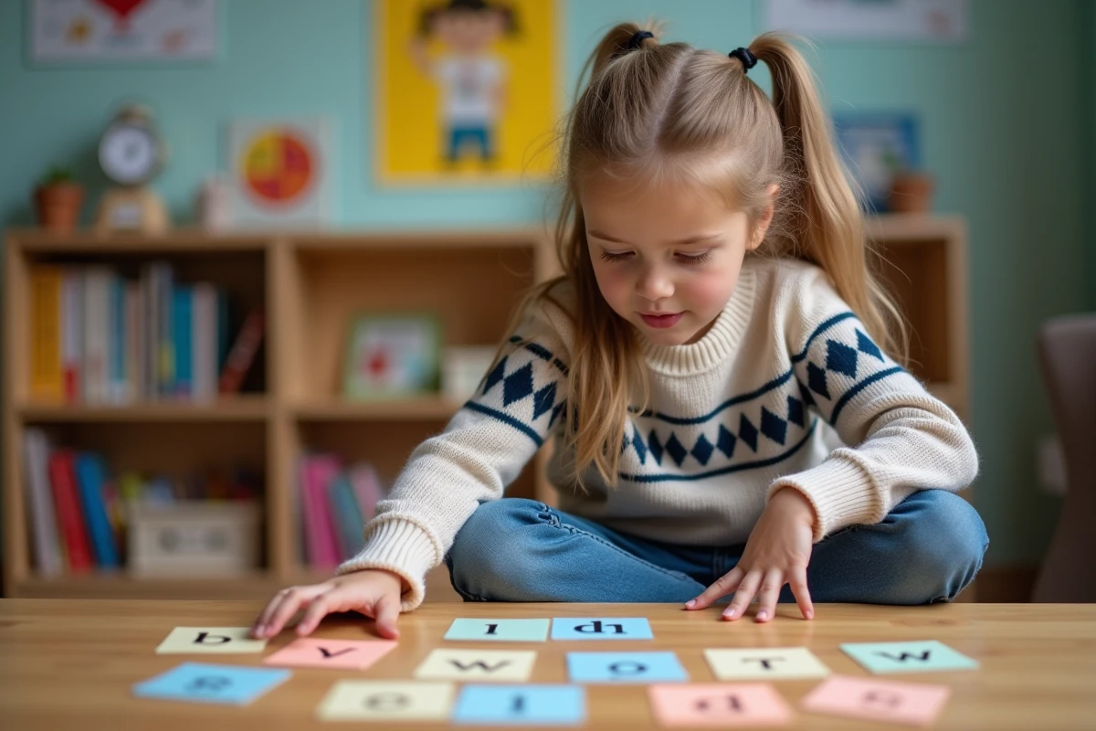 Jeune fille concentrée arrangeant des cartes de mots en classe