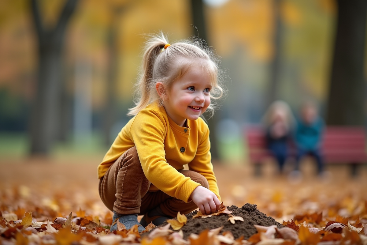 Fille de 7 ans jouant dans un parc en automne