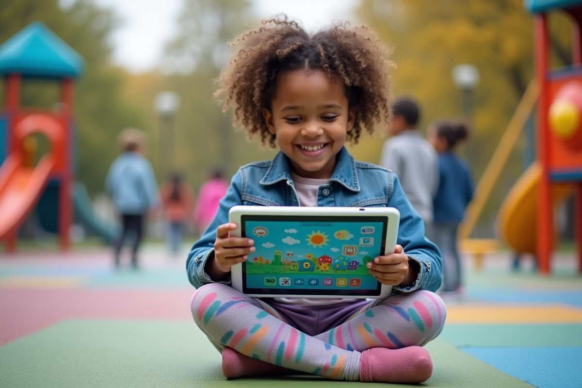 Jeune fille utilisant une tablette avec des jeux éducatifs en extérieur