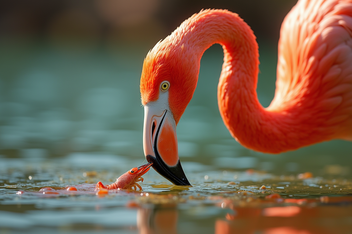 Flamant se nourrissant dans un lagon avec son bec filtrant