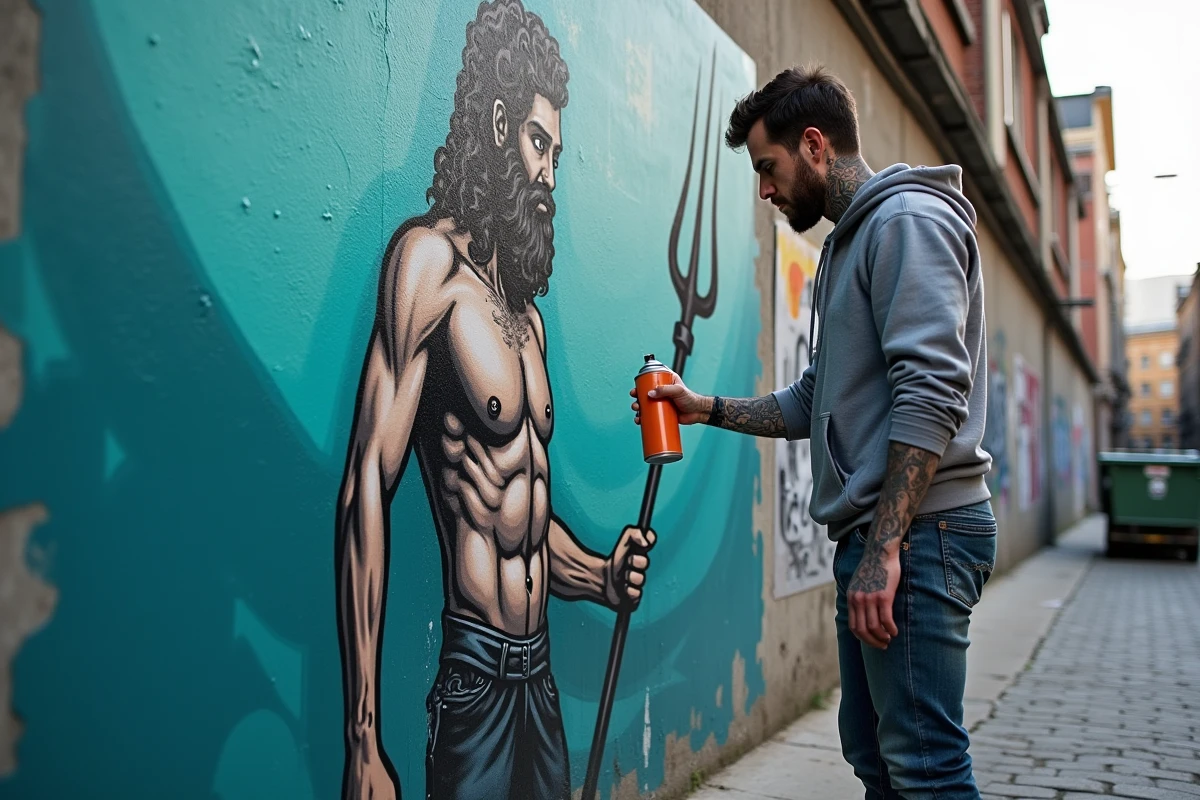 Artiste de rue peignant une fresque murale urbaine de Poséidon avec un trident