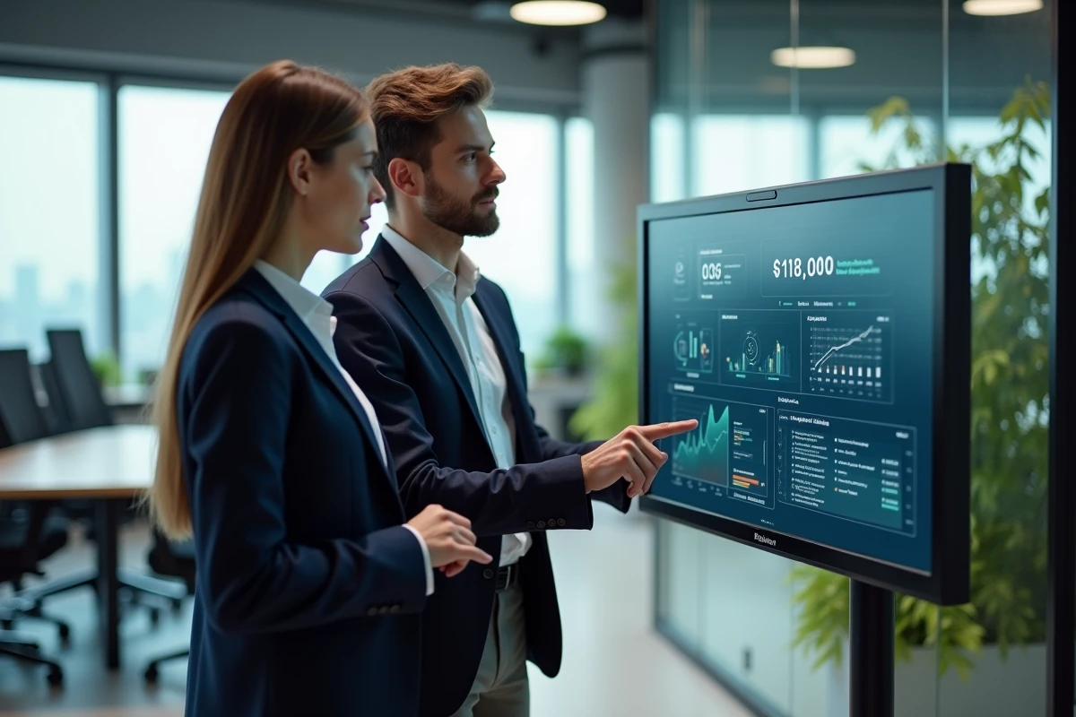 Deux collègues analysant un tableau de bord de confidentialité Fusov sur un grand écran dans un open space