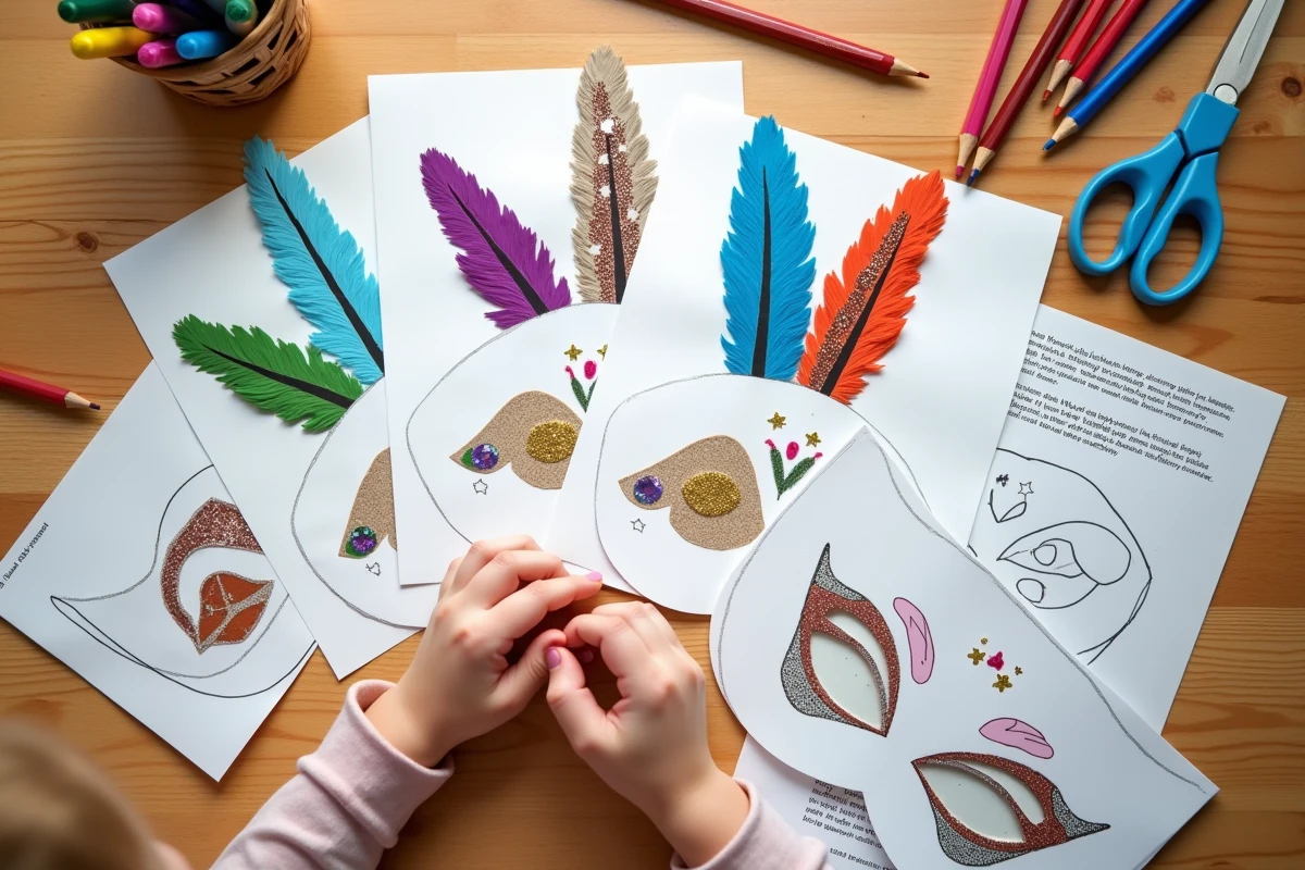 Vue en plongée de masques de carnaval dessinés et décorés par des enfants sur un bureau scolaire avec matériel d'arts plastiques