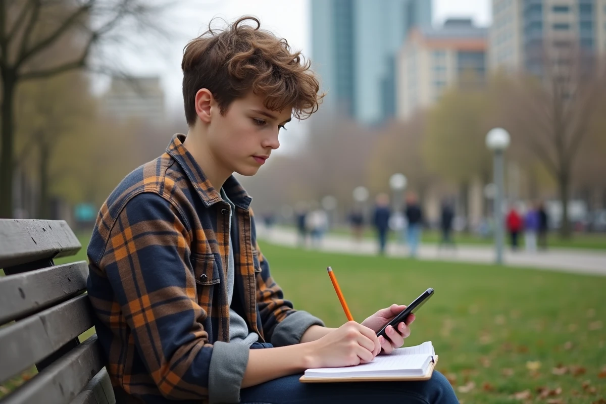 Adolescent assis sur un banc au parc avec téléphone et carnet