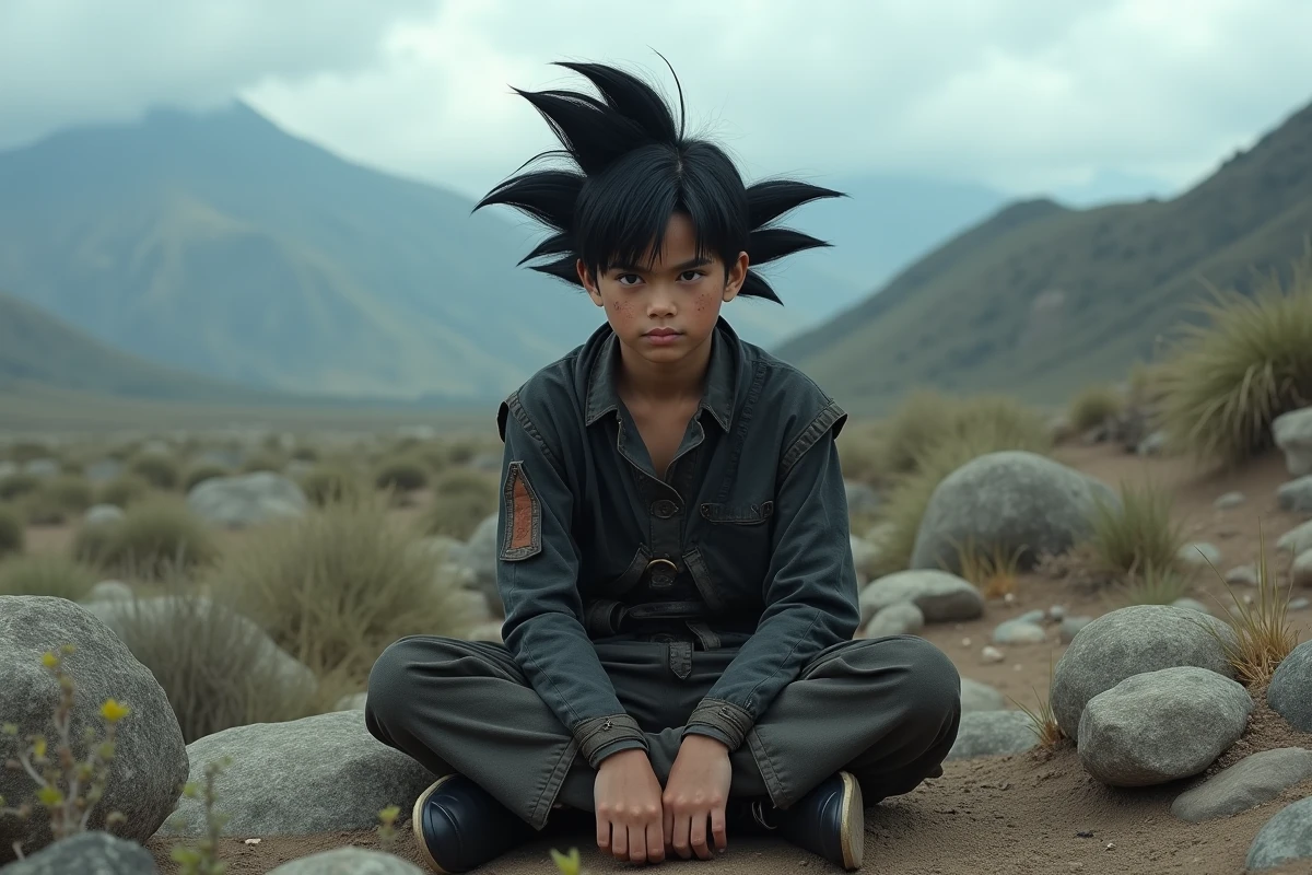 Adolescent intense déguisé en Black Goku assis sur des rochers