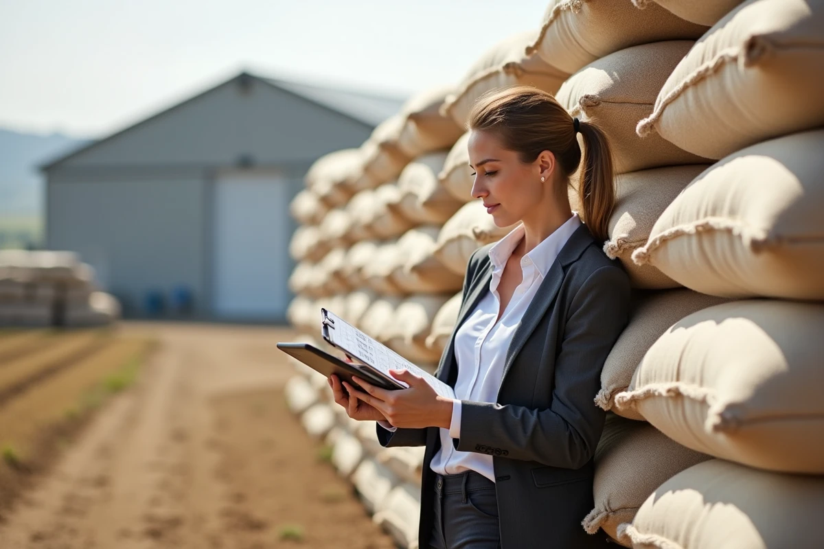 Jeune femme agribusiness v&eacute;rifiant des sacs de grains en ext&eacute;rieur