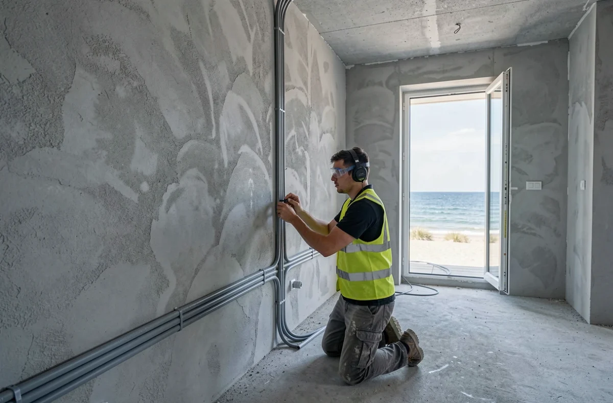 Électricien de GL Bâtiment Elec posant des conduits électriques dans une maison à Châtelaillon-Plage