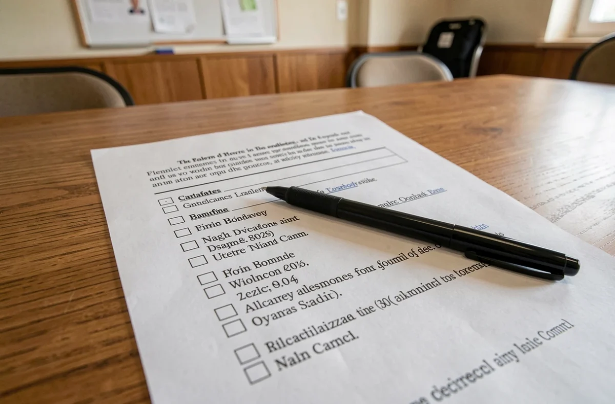 Gros plan d'un bulletin de vote imprimé avec cases à cocher et stylo posé dessus sur une table en bois