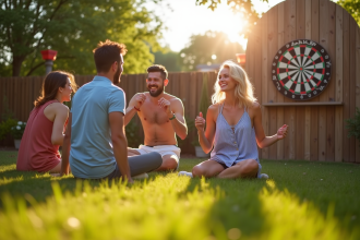 Groupe d'amis jouant aux dards dans un jardin ensoleille