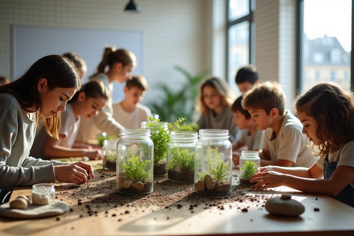 Groupe divers créant des terrariums dans un atelier parisien
