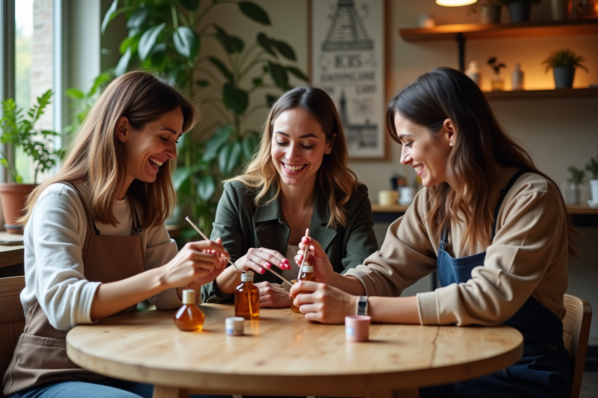 Groupe de trois personnes créant des parfums dans un atelier