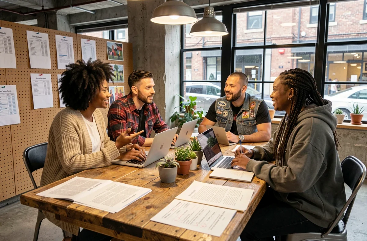 Groupe de jeunes adultes réunis autour d'une table pour discuter de projets culturels indépendants dans un espace communautaire alternatif