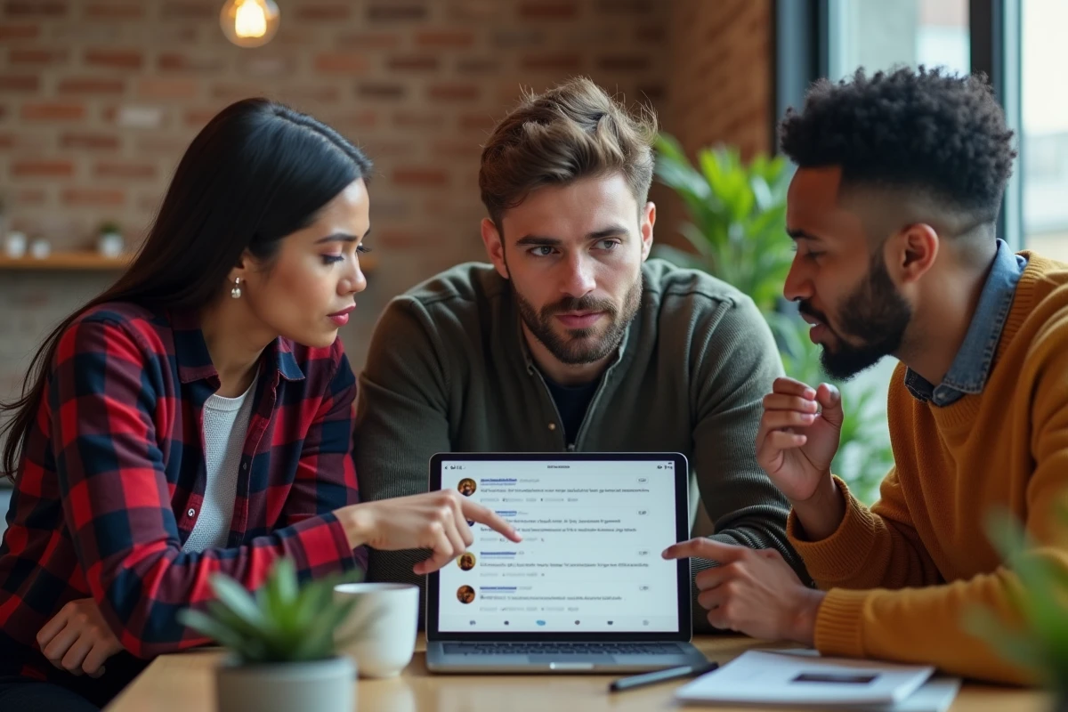 Groupe de jeunes adultes en espace de coworking analysant des commentaires goujats sur les réseaux sociaux via une tablette partagée