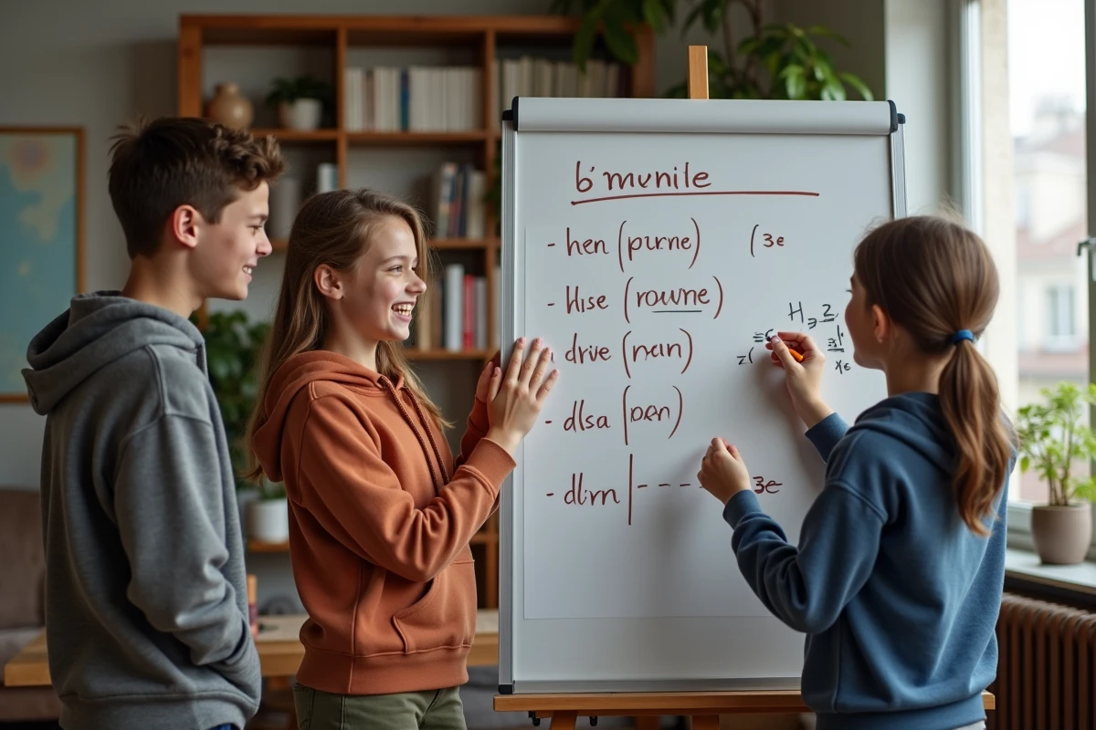 Groupe d enfants r&eacute;solvant un puzzle orthographique &agrave; la maison