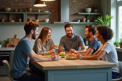 Jeunes adultes partageant un repas dans une cuisine moderne