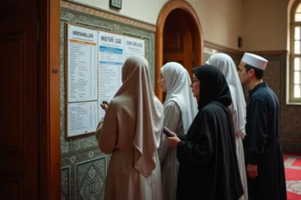 Groupe de personnes consultent un emploi du temps de prières dans une mosquée à Toulouse