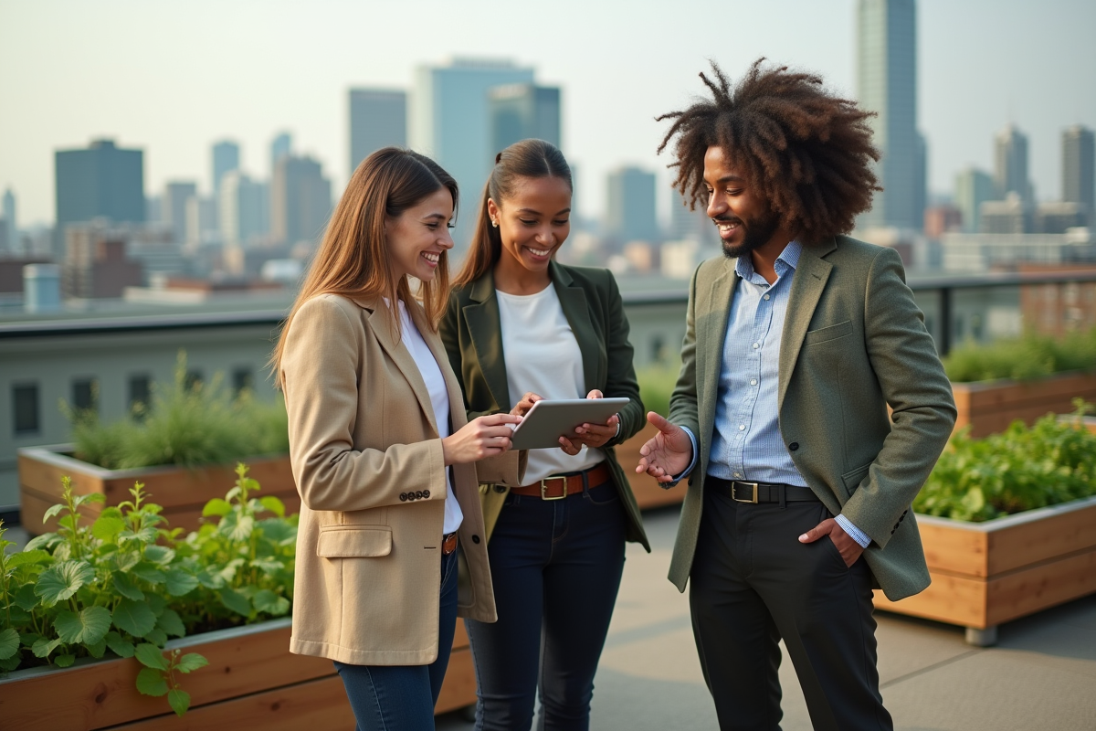 Jeunes professionnels discutent ESG sur un toit avec jardin urbain