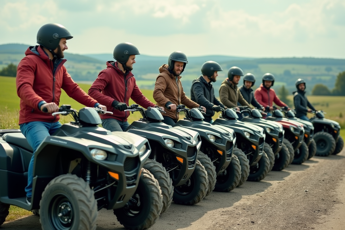 Groupe d'adultes souriants avec quads en campagne