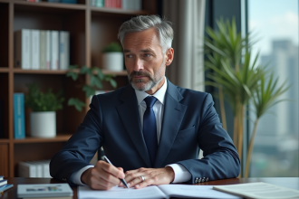 Homme d'affaires confiant en costume navy dans un bureau moderne