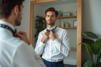 Jeune homme en costume ajuste une cravate papillon dans sa chambre