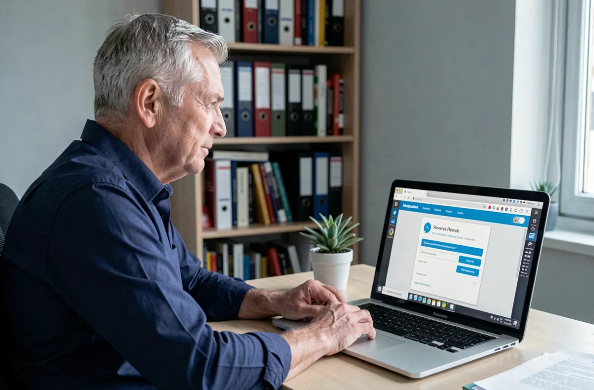 Homme utilisant un annuaire inversé gratuit sur ordinateur portable pour identifier un numéro de téléphone mobile suspect et protéger sa famille
