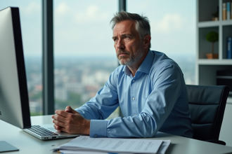 Homme d'affaires en bureau moderne regardant pensivement