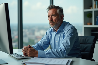 Homme d'affaires en bureau moderne regardant pensivement