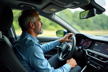 Homme au volant d'une voiture moderne en conduite
