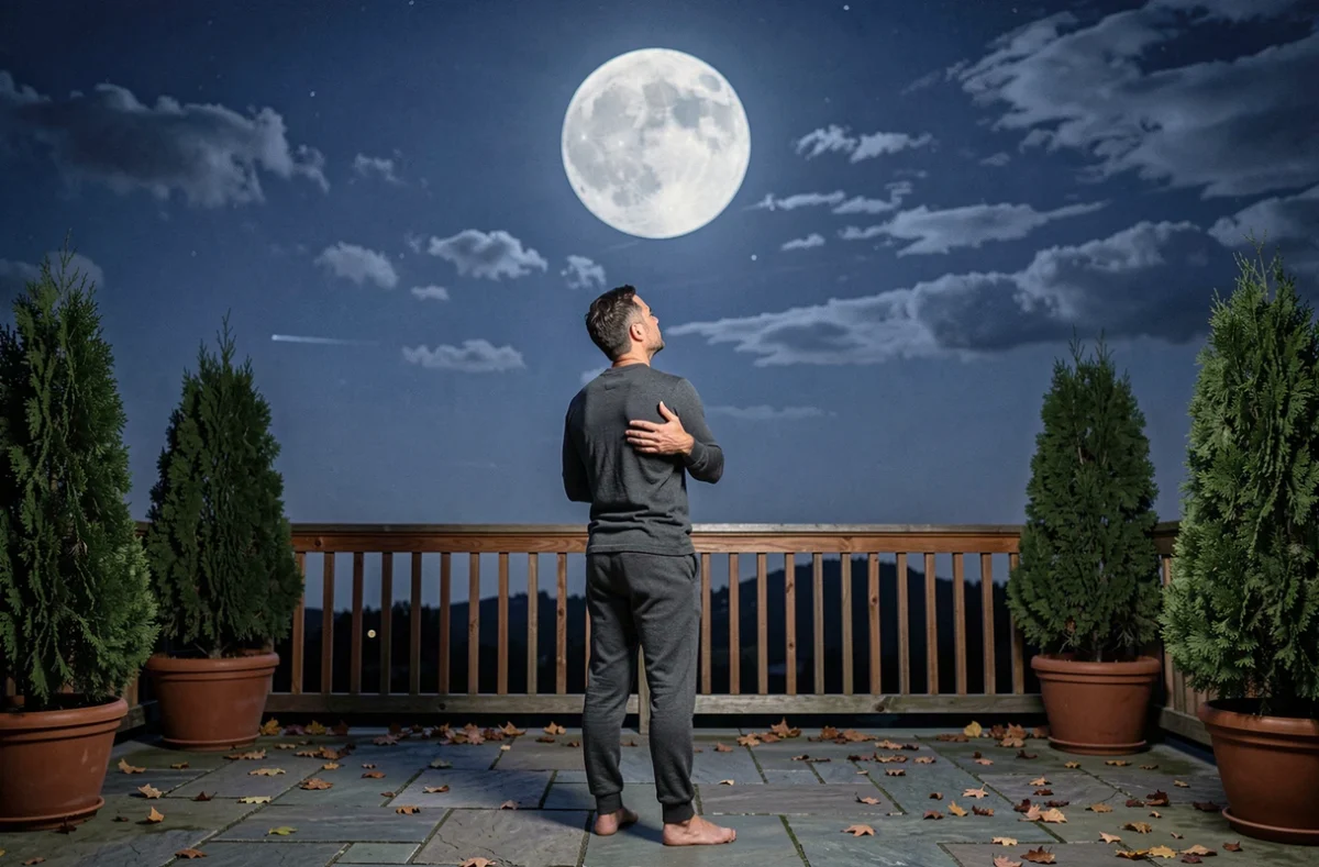 Homme contemplatif sous la pleine lune de novembre sur une terrasse en pierre, connecté à ses ressentis intuitifs