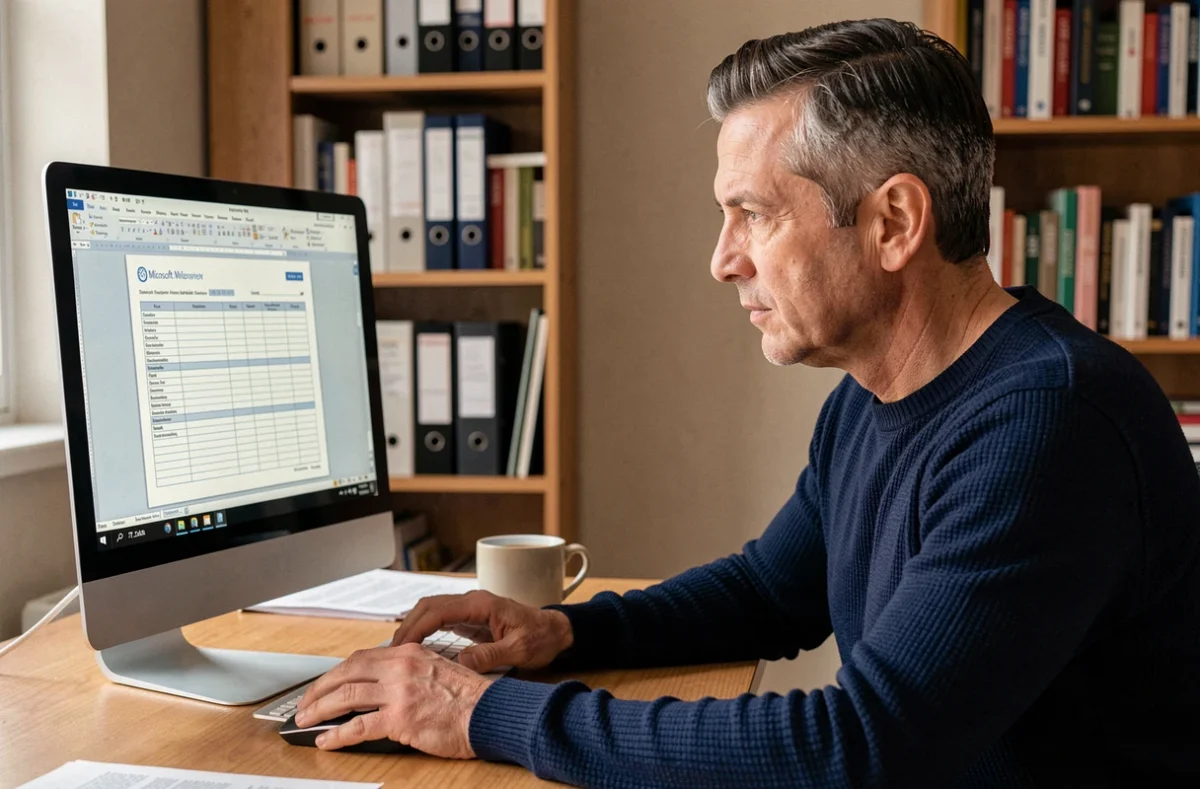 Homme utilisant Microsoft Word sur ordinateur pour créer un modèle de bulletin de vote à domicile