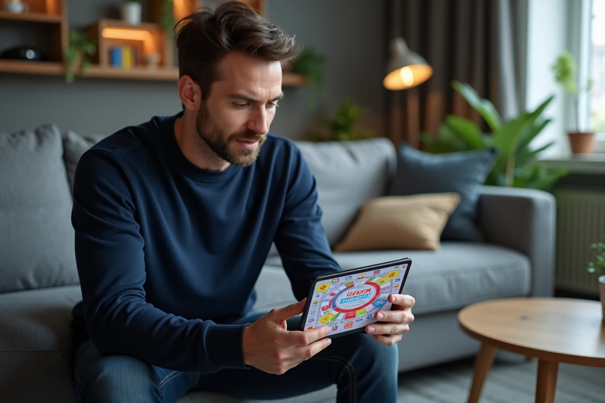 Homme débutant sur Monopoly GO consultant les récompenses gratuites sur tablette dans un salon moderne