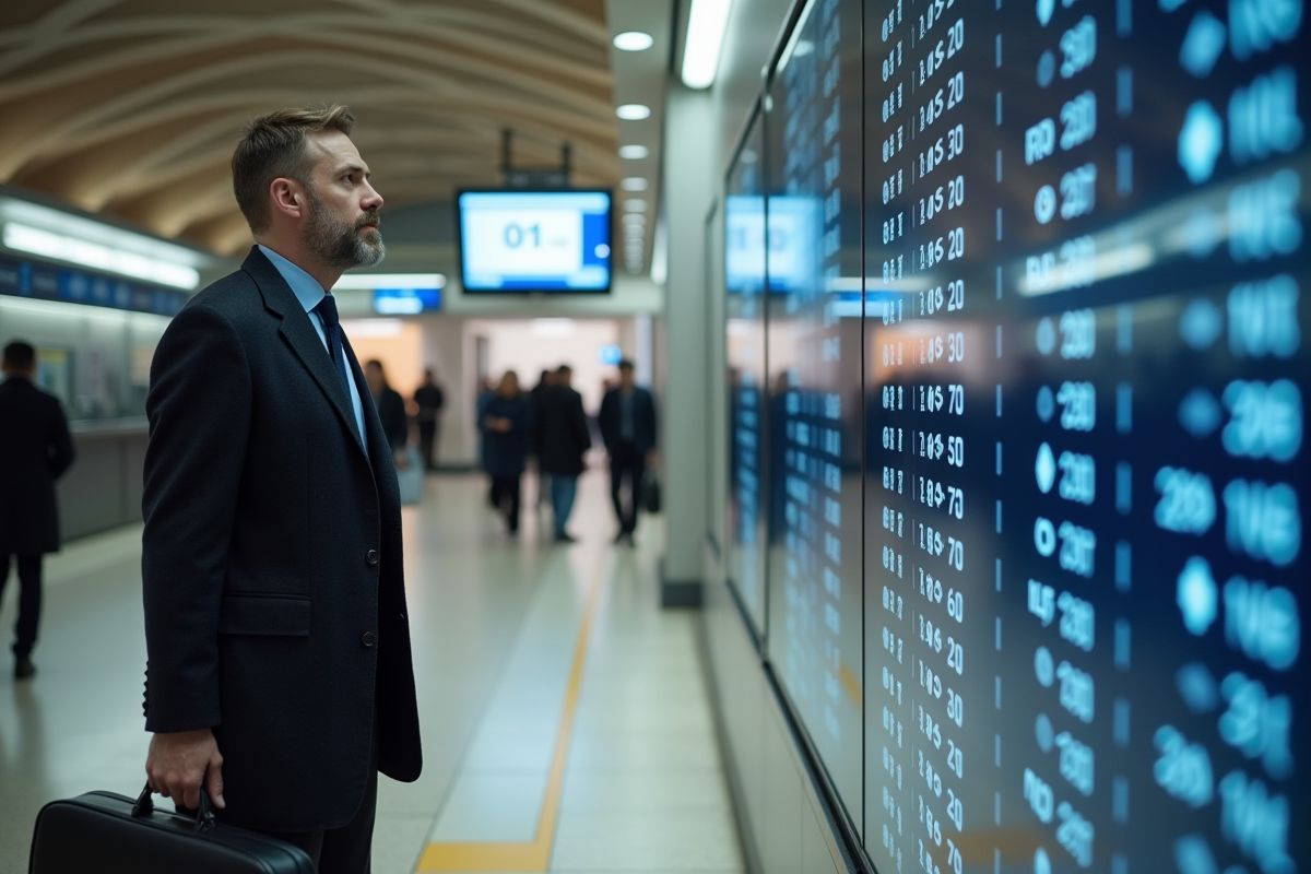 Homme d'affaires consulte un tableau digital à Paris