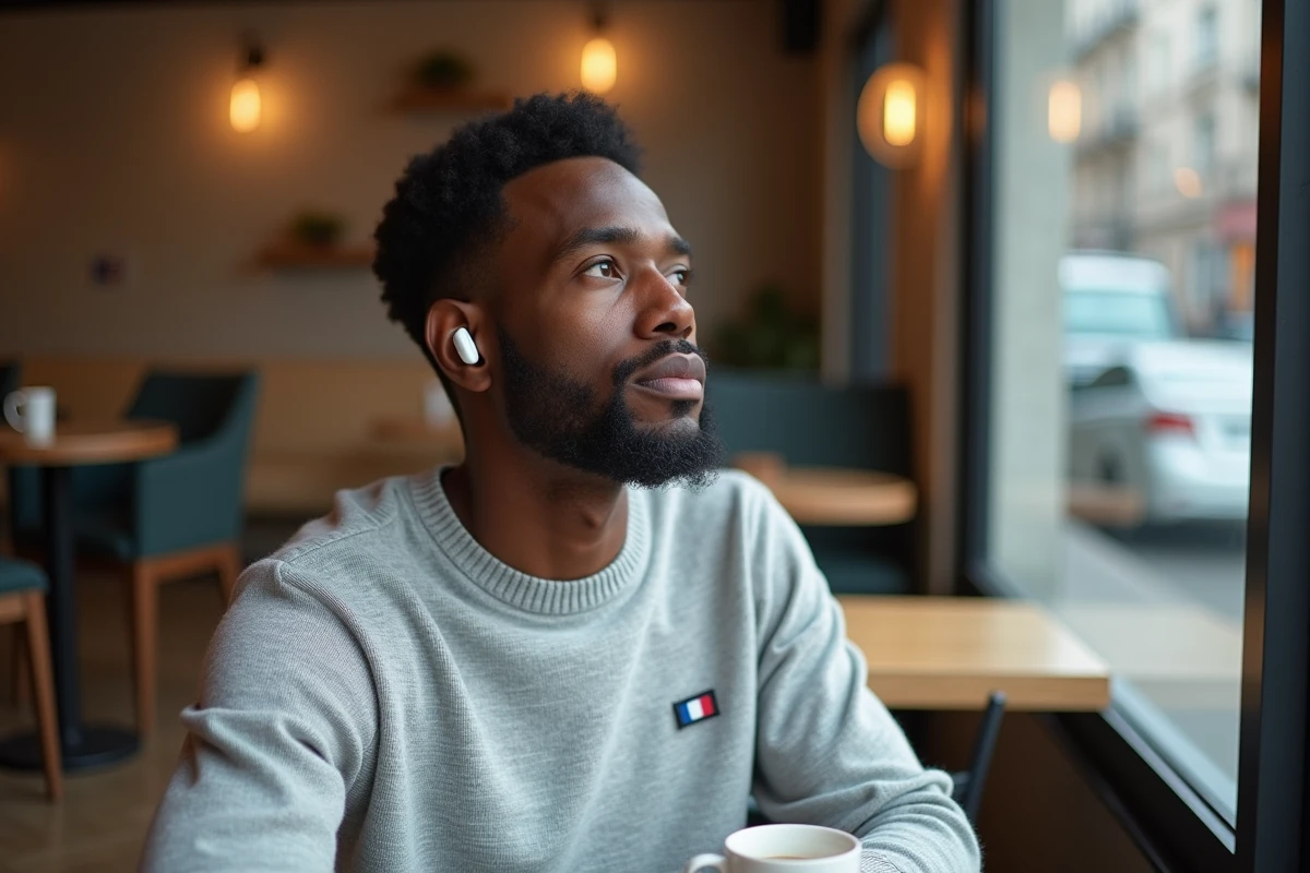 Homme écoutant des questions de naturalisation en audio avec des écouteurs sans fil dans un café parisien