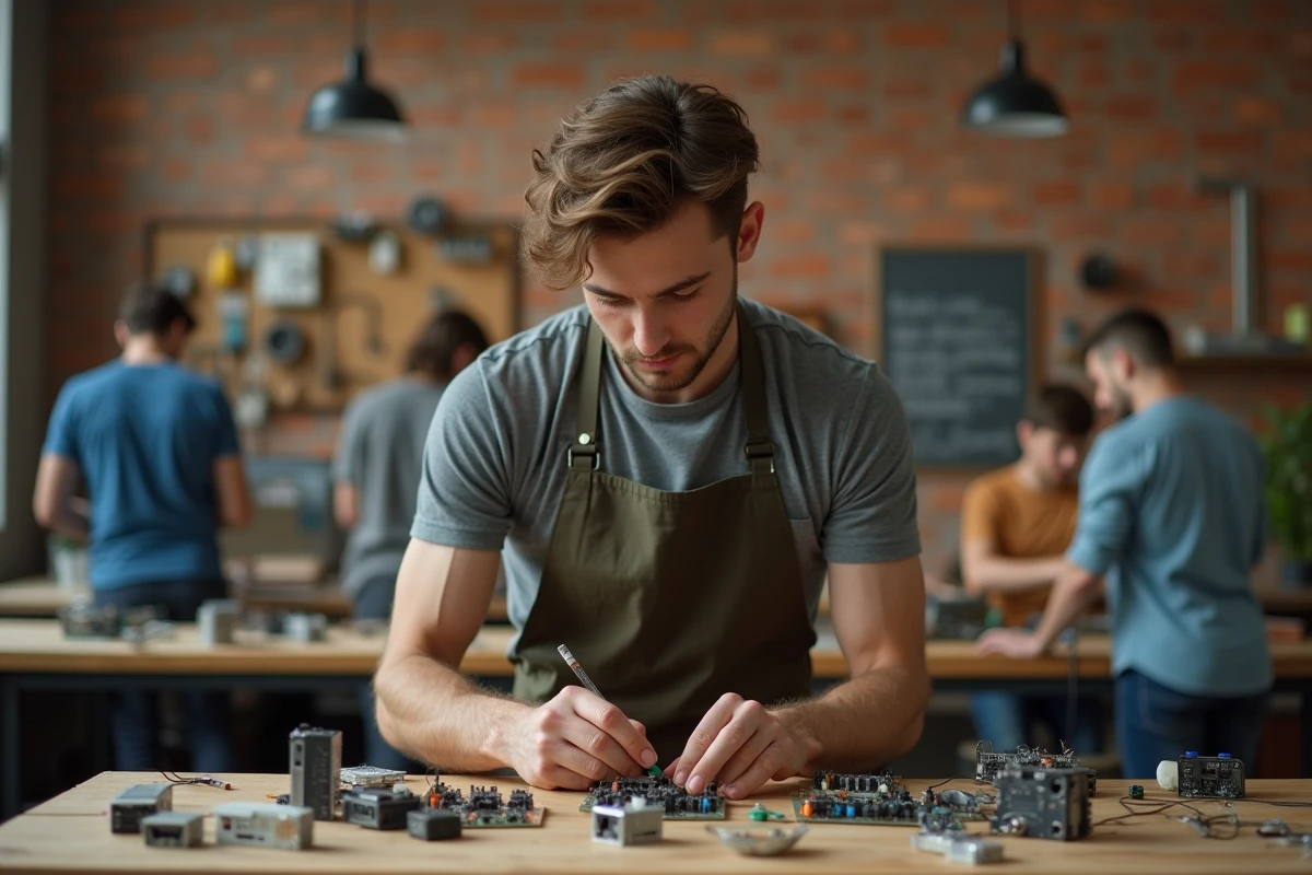 Homme en train d'apprendre l'électronique dans un atelier collaboratif urbain dans le cadre d'un programme de formation par semaines